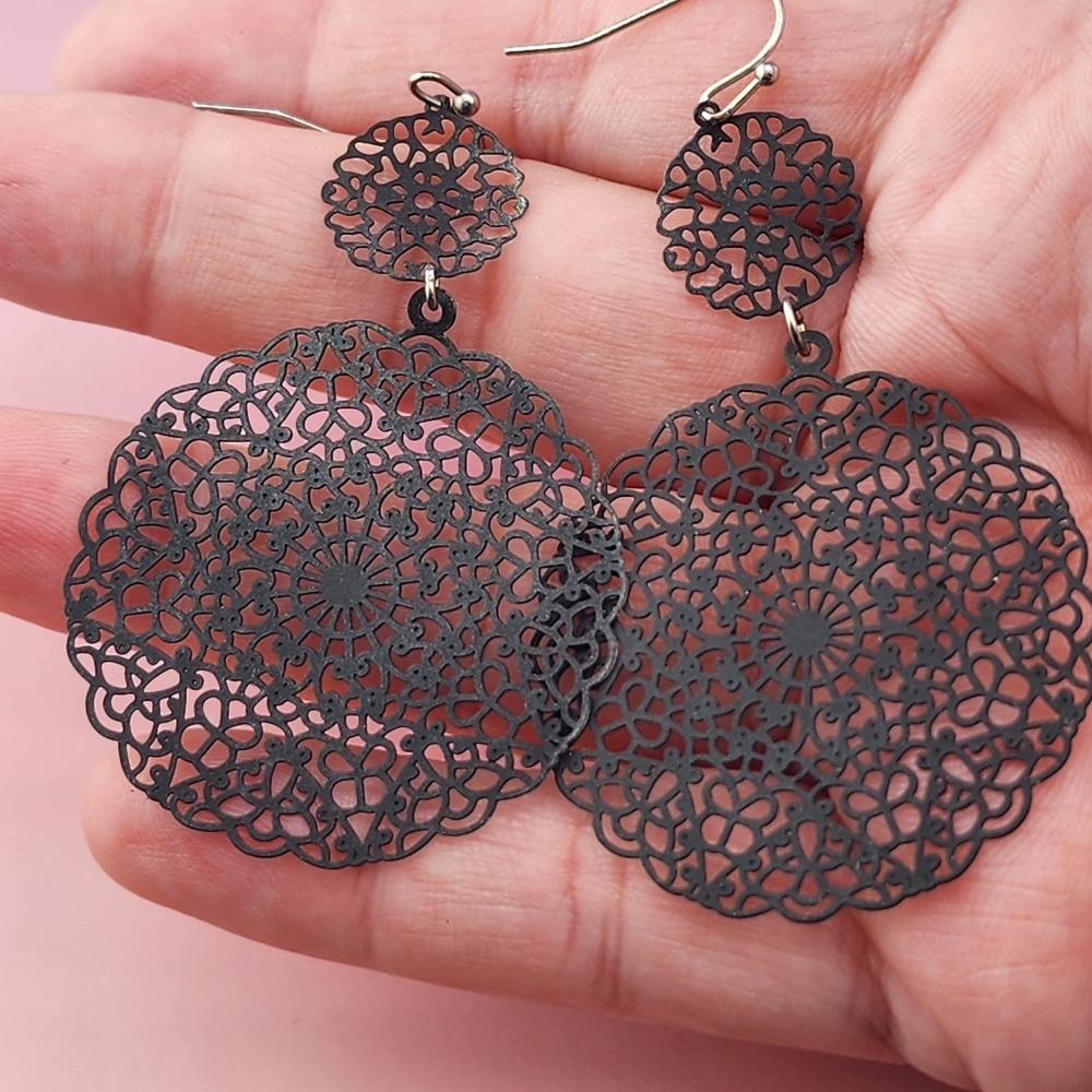 Black Filigree Medallion Dangle Earrings Gothic Boho Ornate Statement Jewelry